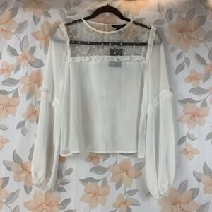 Forever 21 Blouse Womens Small White Sheer Long Sleeve Elastic Cuff Mesh Bodice